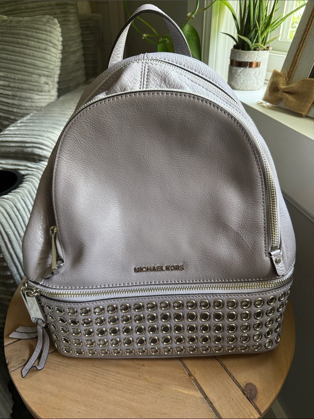 Michael Kors Light Gray Leather Studded Backpack